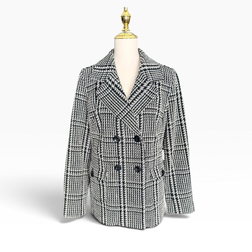 Tommy Hilfiger Plaid Wool Blend Double Breasted Peacoat Large Black White puplum